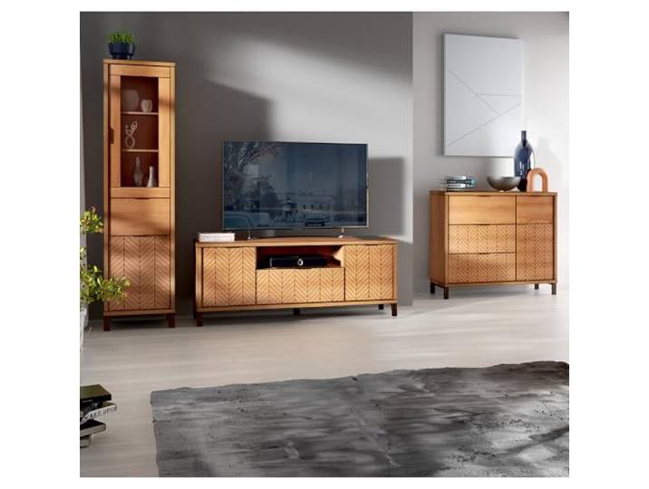Lomadox Wohnzimmermöbel Set 3-teilig Vitrine Lowboard TV-Board Kommode Sideboard modern in Eiche