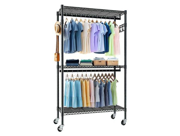 Portant à vêtements roulant robuste penderie 3 niveaux réglable avec 2 tringles étagères grillagées et crochets noir