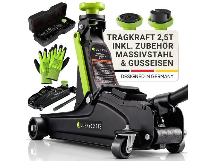 Juskys Wagenheber 2,5 t, hydraulisch mit Transportbox & Zubehör – Schwarz/Grün