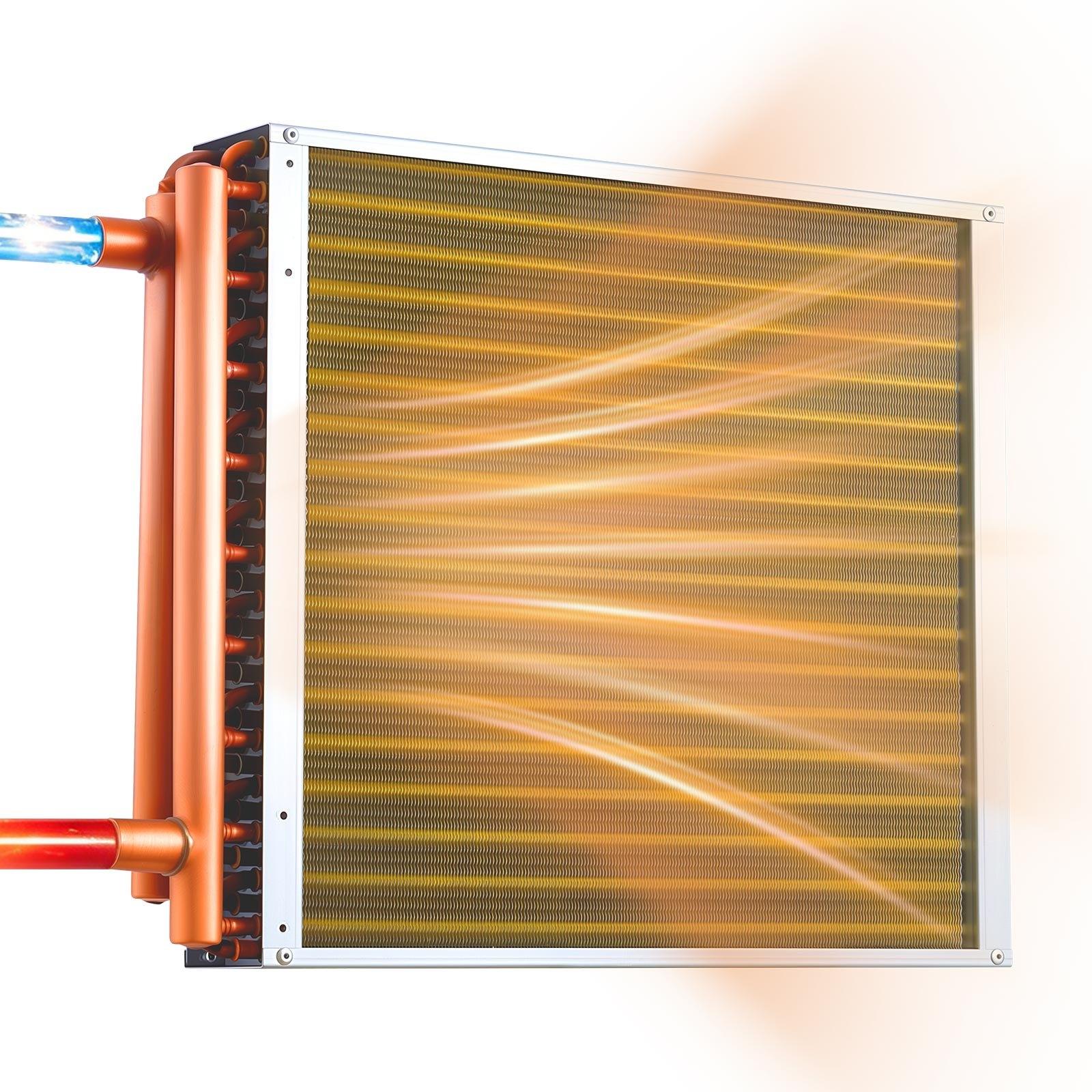 Wasser-Luft-Lamellenwärmetauscher - 45,7 x 45,7 cm 35,2 kW - Kupferanschlüsse - Aluminiumlamellen - 2,5 MPa Arbeitsdruck - Für Heizung und Kühlung - Für Innenbereich