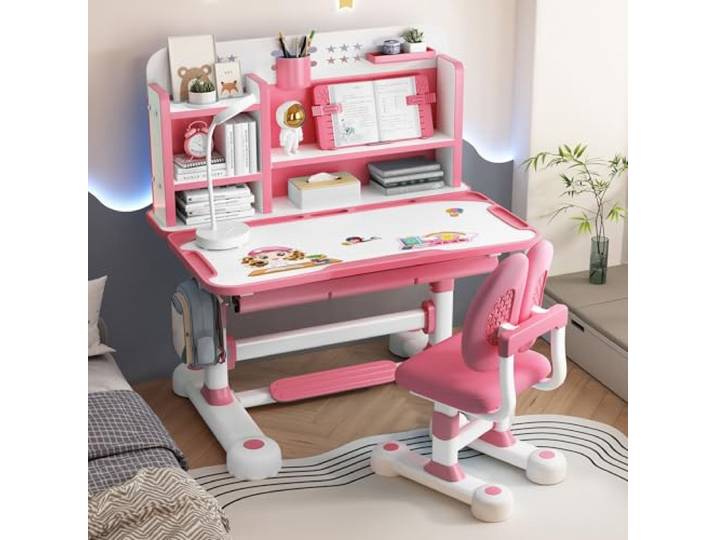 Kinderschreibtisch Set, Schreibtisch Kinder Mit Schublade Und Bücherregalen, Höhenverstellbar Mit Sitzkorrektur, Fußpedal & Trennwand-Design, 0–50° Neigungswinkel, Ergonomisches Tischstuhl-Set