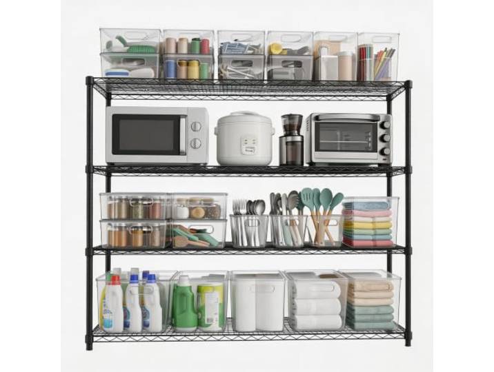 Koioplie Metallregal 150x45 cm Karbonstahl 4 Ebenen Höhenverstellbar Pulverbeschichtung, rostbeständig, stabile Konstruktion, flexibel anpassbar