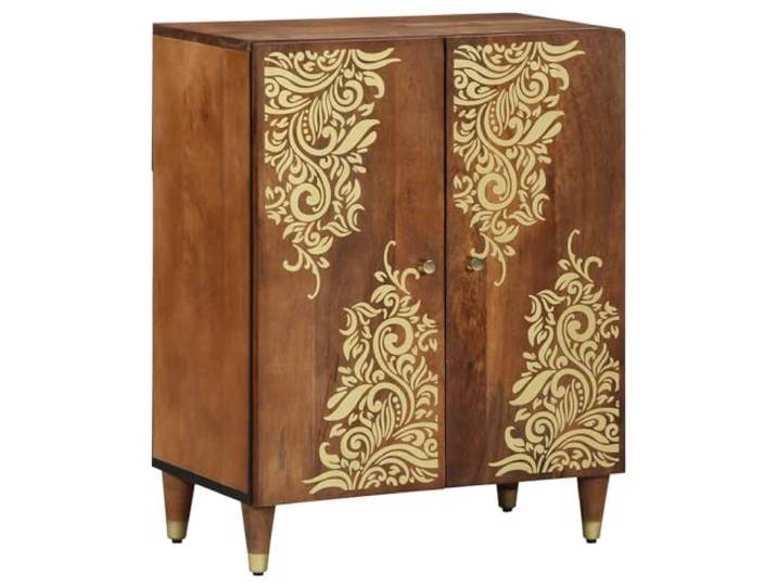 HKTMGDNG Sideboard Braun 60x33x75 cm Massivholz Mango Beistellschrank Elegante Anrichte für Wohnzimmer und Esszimmer mit goldener Verzierung, Messinggriffen und zwei geräumigen Staufächern.