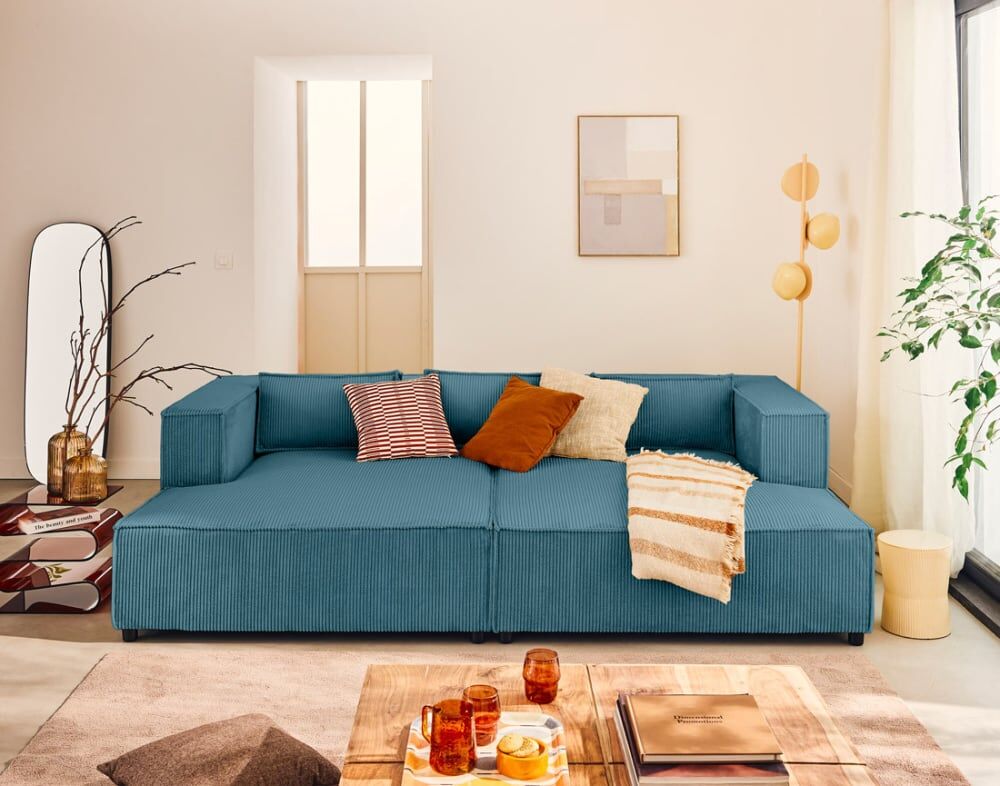 Best Mobilier Canapé droit 3 places en bleu canard Bleu 239x67x146cm
