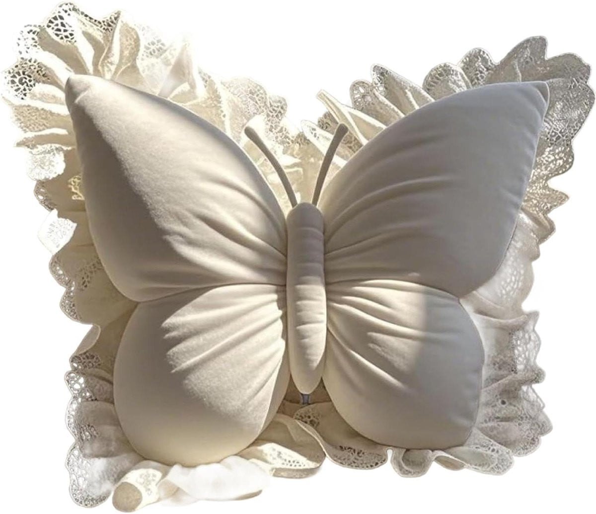 Wit Pluche Vlinderkussen Decoratief Sierkussen voor Bank en Bed - 55 x 50 cm