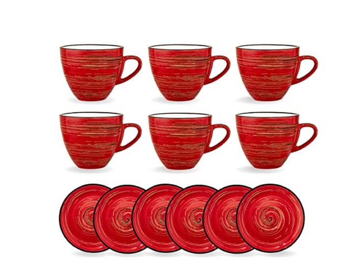 Wilmax SPIRAL Tassen mit Untertassen 6er-Set 300 ml Tassenset Kaffeetassen aus Porzellan Teetassen Becher Für Getränke, Desserts, Café Modernes Design