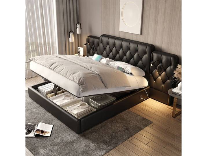 DRIPEX Lit double hydraulique 160x200cm avec tête de lit allongée Lit rembourré avec prises USB lampe Matériau PU Noir