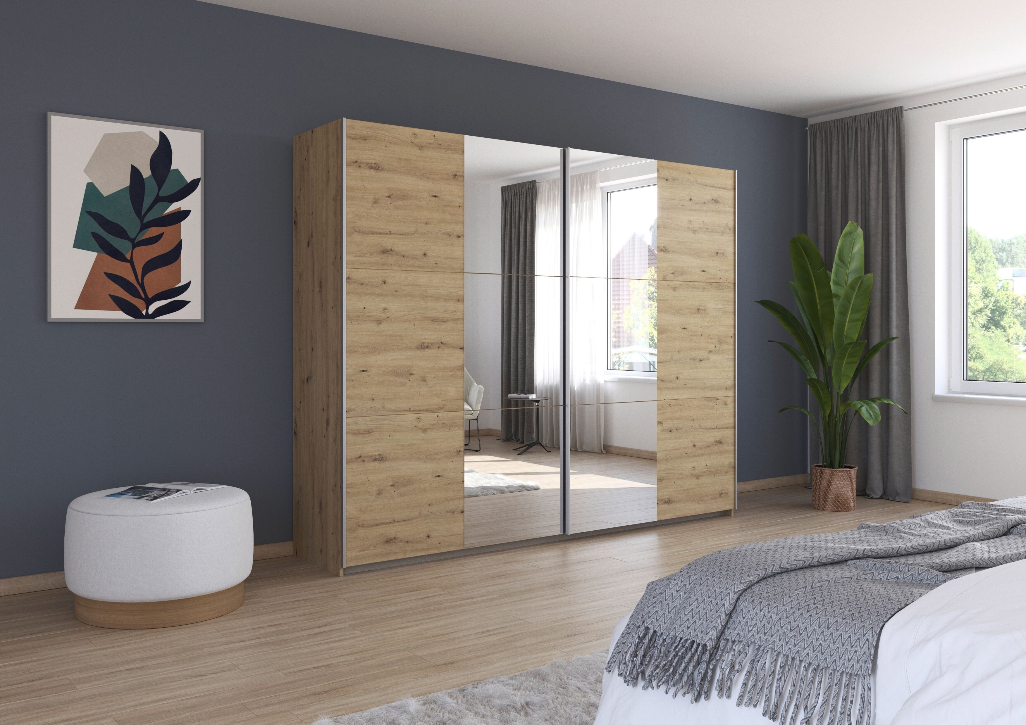 Schwebetürenschrank RAUCH "Kleiderschrank Drehtürenschrank Schrank Garderobe KRONACH", braun (eiche artisan, griffleisten alu, 2 spiegel), B:261cm H:210cm T:59cm, Holzwerkstoff, Schränke, Schwebetürenschrank, optional ohne, mit 1 oder 2 Spiegel, viel Stau