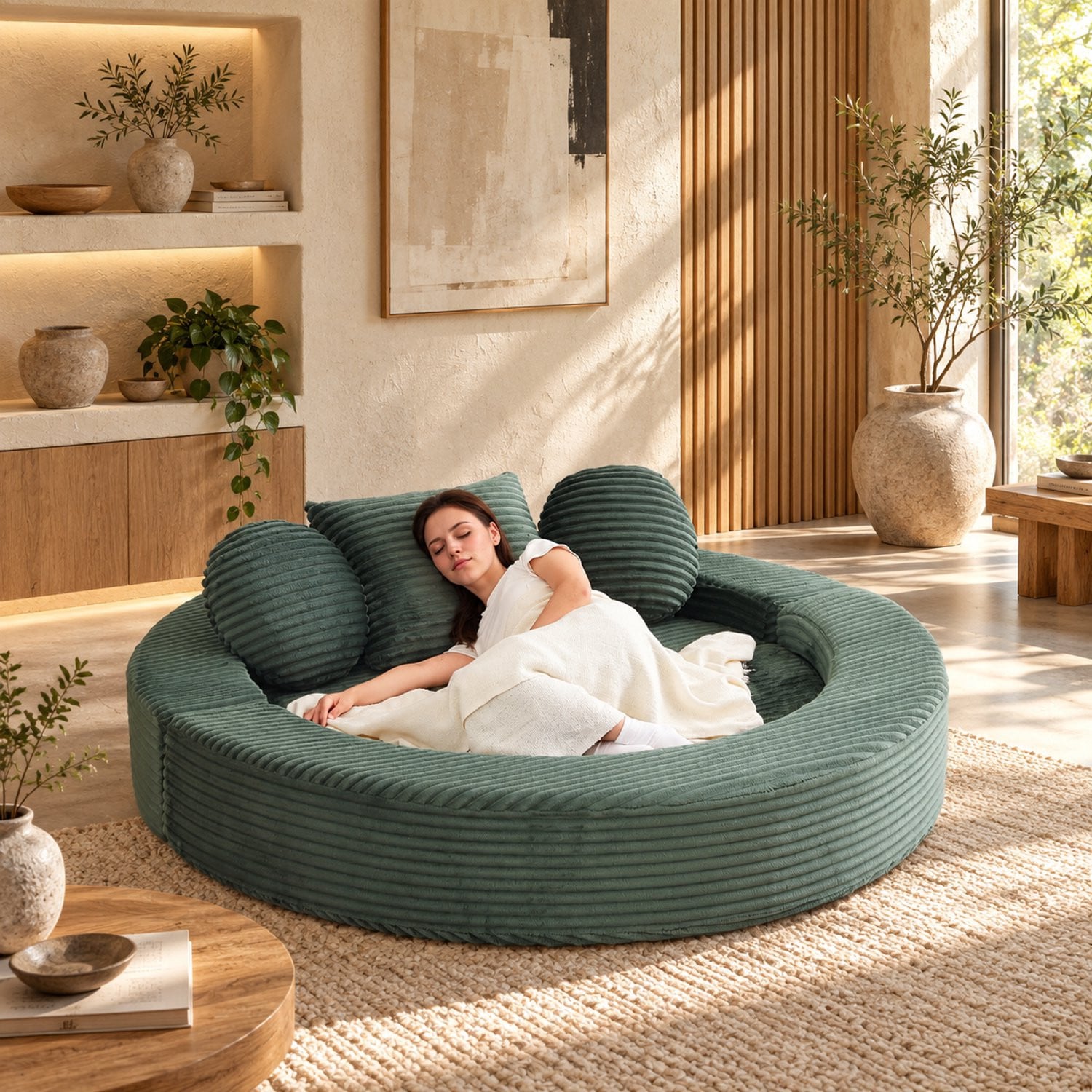 Multifunctionele 4-in-1 ronde opklapbare slaapbank met kussens in groene corduroystof