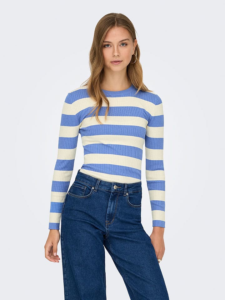 JDY Pullover in Blau/ Weiß - M