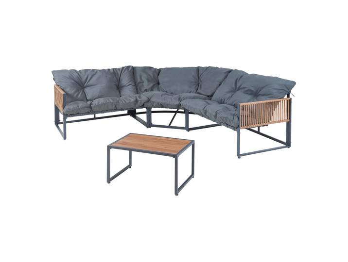 casa.pro Gartenmöbel-Set 4 Tlg. Karg, Dunkelgrau, Eichefarben, Metall, Kunststoff, 4-teilig, rechteckig, Gartenmöbel, Gartengarnituren, Gartenmöbel-Sets