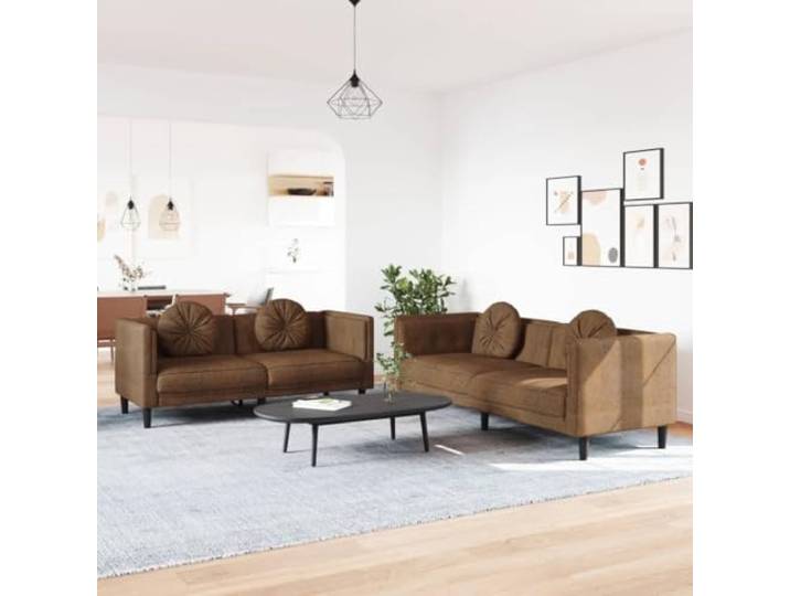 HEFZGDB 2-TLG. Sofagarnitur mit Kissen Braun Samt – Weiches Samtsofa mit dick gepolsterten Sitzflächen und runden Zierkissen für optimalen Komfort, Stabile Beine und modernes Design