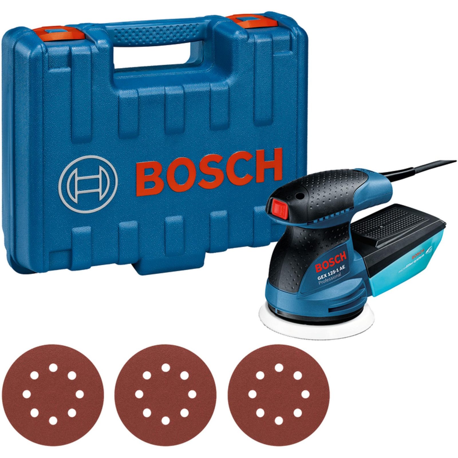 Bosch Professional Excenterschuurmachine GEX 125-1 AE met 3 schuurbladen C470 en gereedschapskoffer