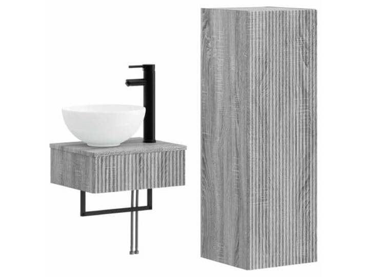 Badezimmermöbel-Set 2-teilig Sonoma Grau Holz Engineered mit Waschbecken Wanddesign, umkehrbare Türen, 2 Einlegeböden, Wasserhahn inklusive, nur innen