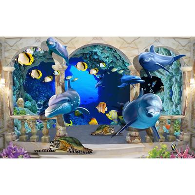 Fototapete PAPERMOON "Unterwasserwelt mit Gebäude", bunt, B:5m L:2,8m, Vlies, Tapeten