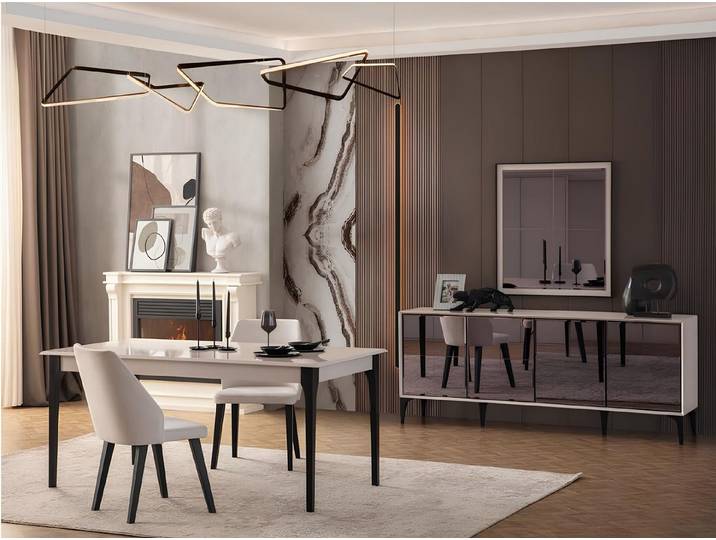 JVmoebel Essgruppe Esszimmerset aus weißem Holz mit Tisch und Anrichte, (3-tlg., Esstisch + Sideboard), Made in Europa