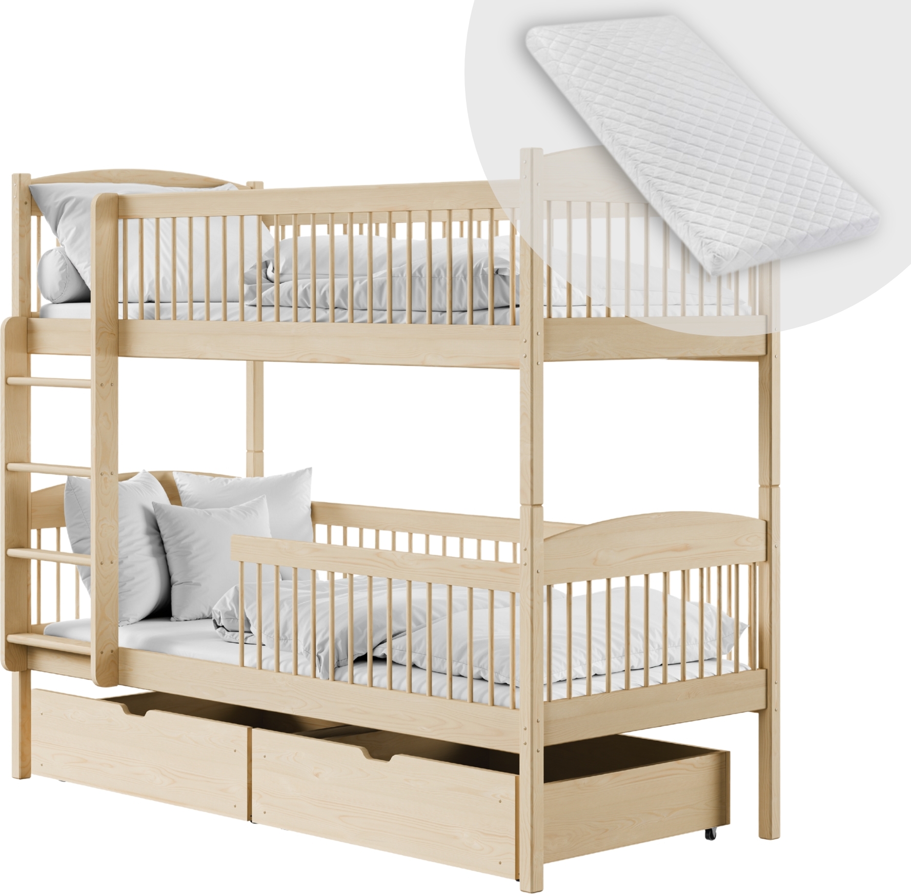 Hochbett Kinder, Etagenbett, Kinderbett | Inkl. 2 Matratzen, 2 Schubladen, sicher & funktional | Größen: 80x180, 90x190, 90x200 cm | 90x200 cm von von 4. bis 18. Lebensjahr | Natur