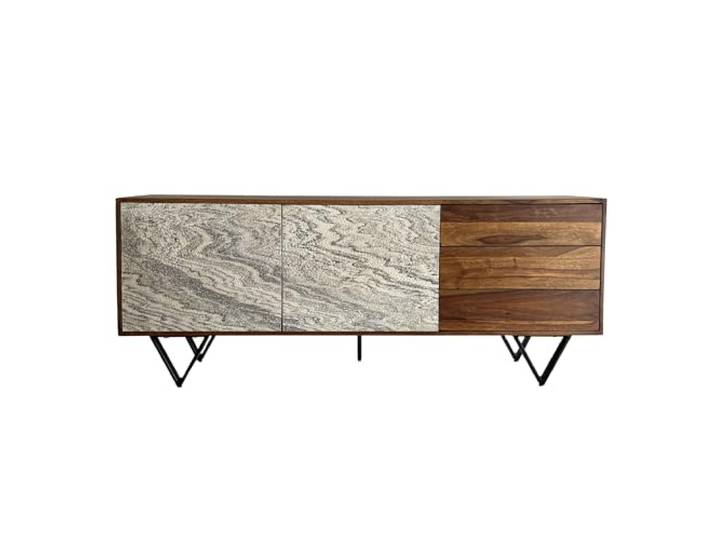 Wohnling Sideboard 175x40x71 cm Sheesham Massivholz Steinoptik Weiß Kommodenschrank hoch mit 2 Türen und Schubladen, Anrichte massiv mit auffälligen Fronten, handgefertigtes Unikat