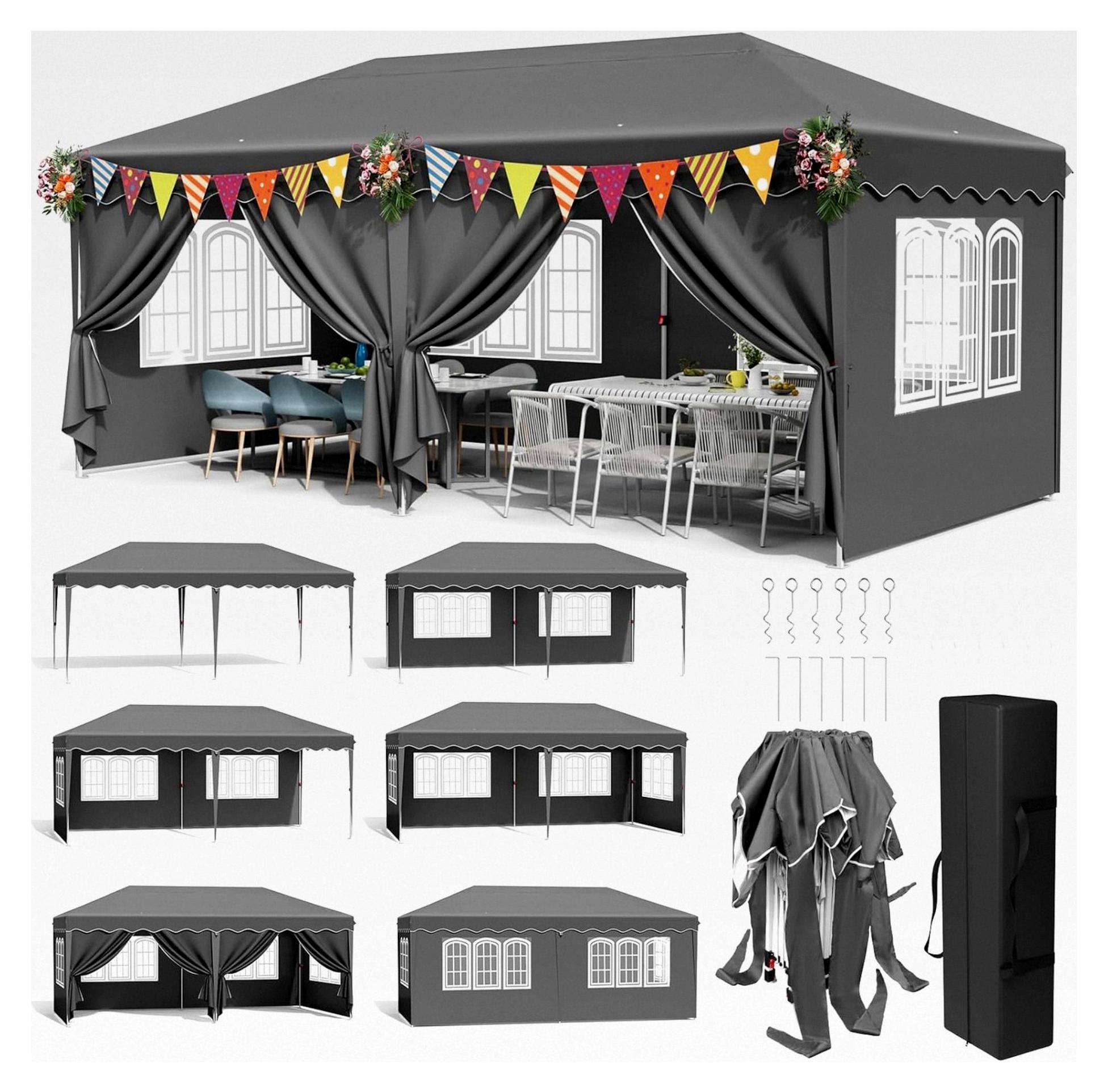 Pavillon 3x6 Wasserdicht Stabil, Faltpavillon mit 6 Seitenteilen, UV-Schutz 50+, Gartenpavillon aus 420D Oxford, Winterfest, Höhenverstellbar, für Hochzeiten und Märkte, Grau