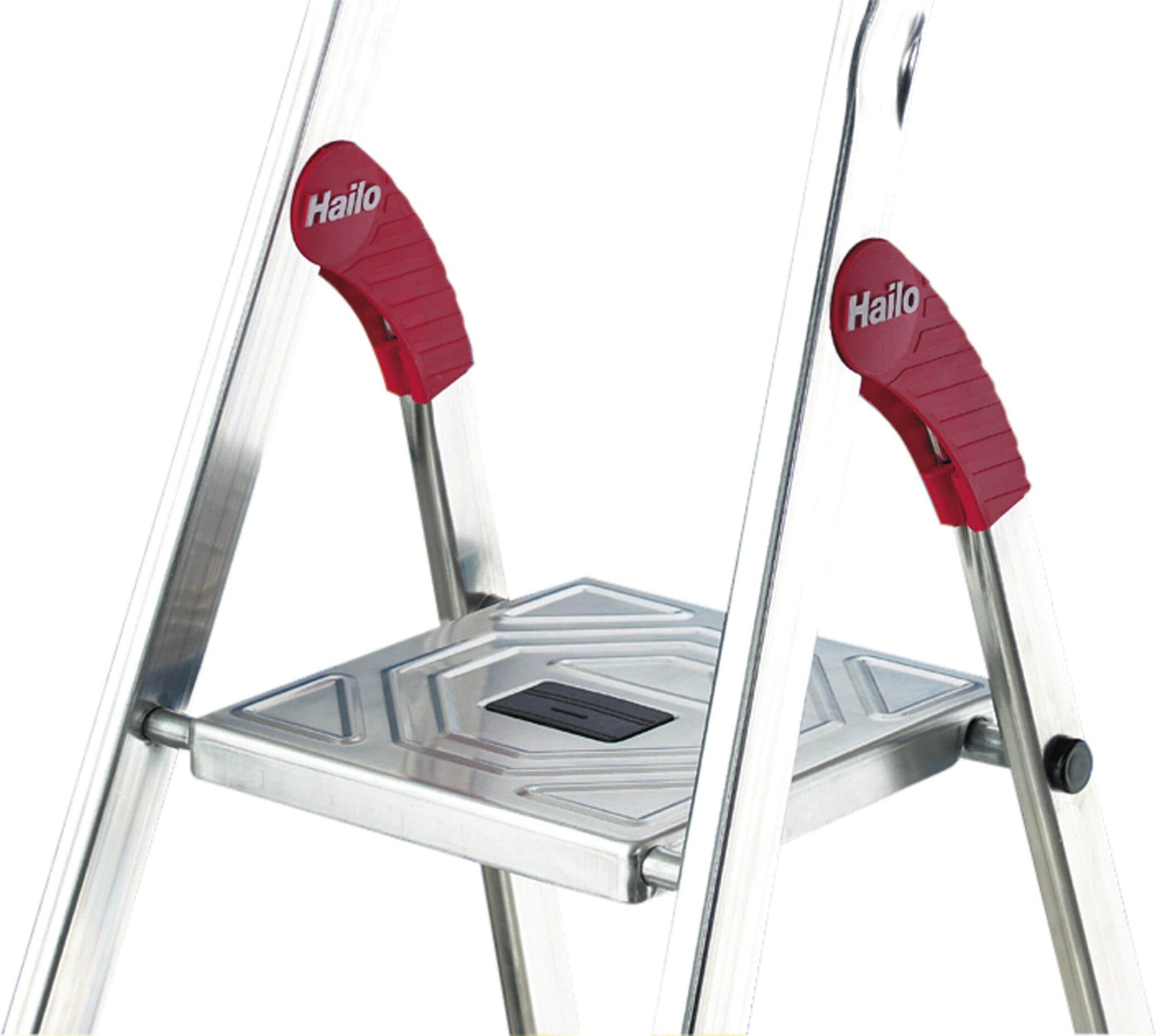 Stehleiter HAILO "L60 6 Stufen", rot (silberfarben, rot, schwarz), B:50cm H:128cm L:116cm, Aluminium, Stahl, Leitern, Stehleiter silberfarben, rot, schwarz B/H/L: 50cm x 128cm x 116cm