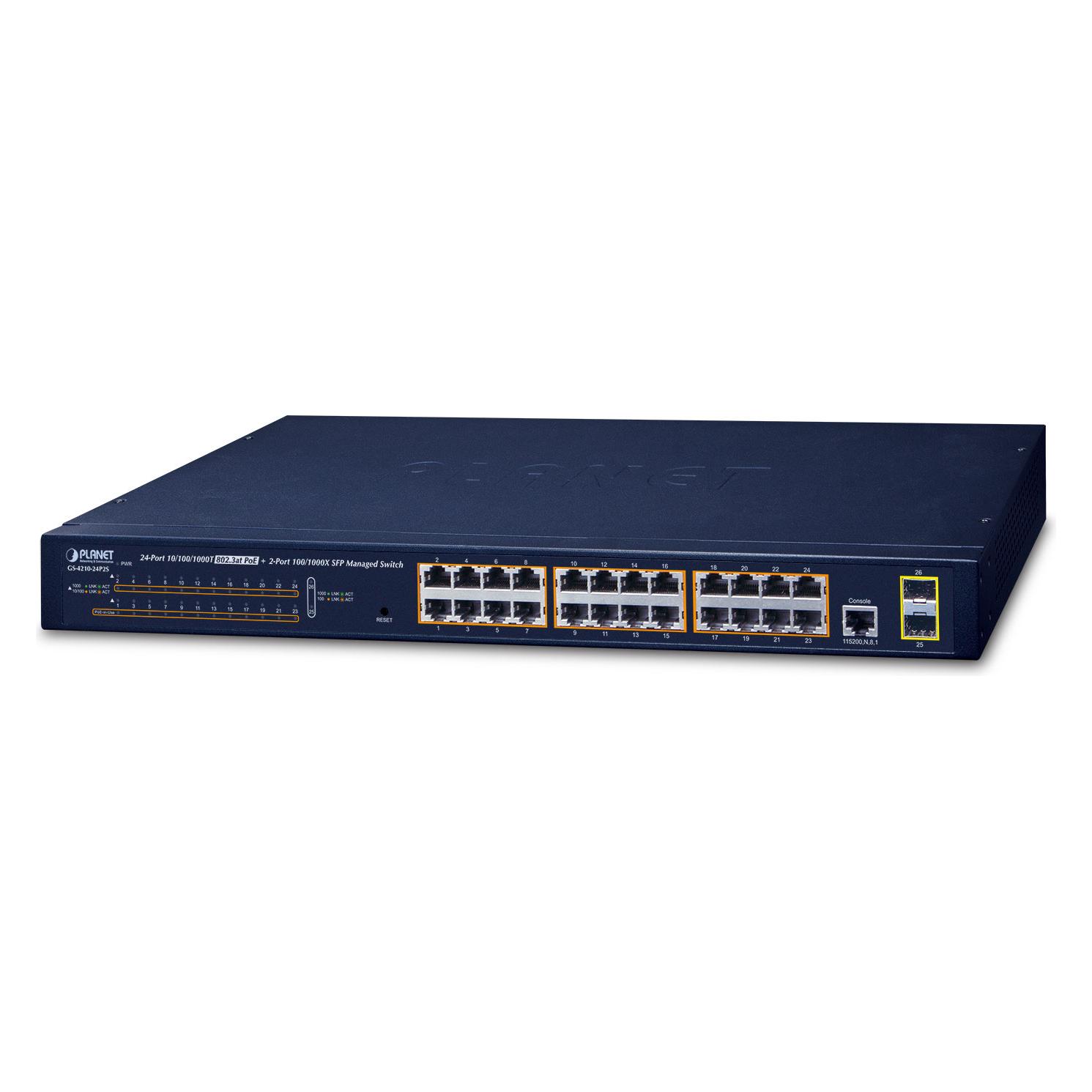Planet 802.3at PoE Managed Switch 24-Port 10/100/1000T 2-Port 100/1000X SFP (24 Ports) (GS-4210-24P2S)