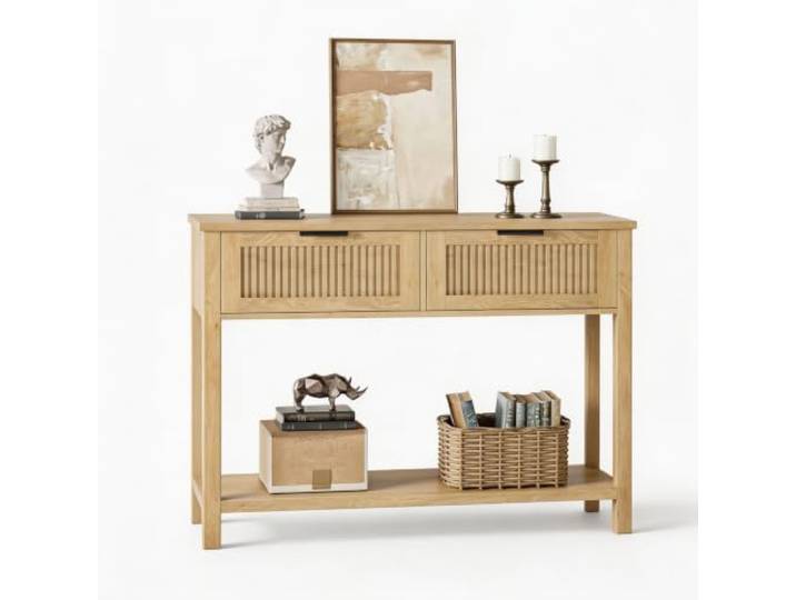 Hapterouse Konsolentisch 2 Türen Holz Ablage Rustikal Modern Naturholz Schmale Bauform, Zweistufige Ablage, Metallgriffe, Vielseitig, Wohnzimmer
