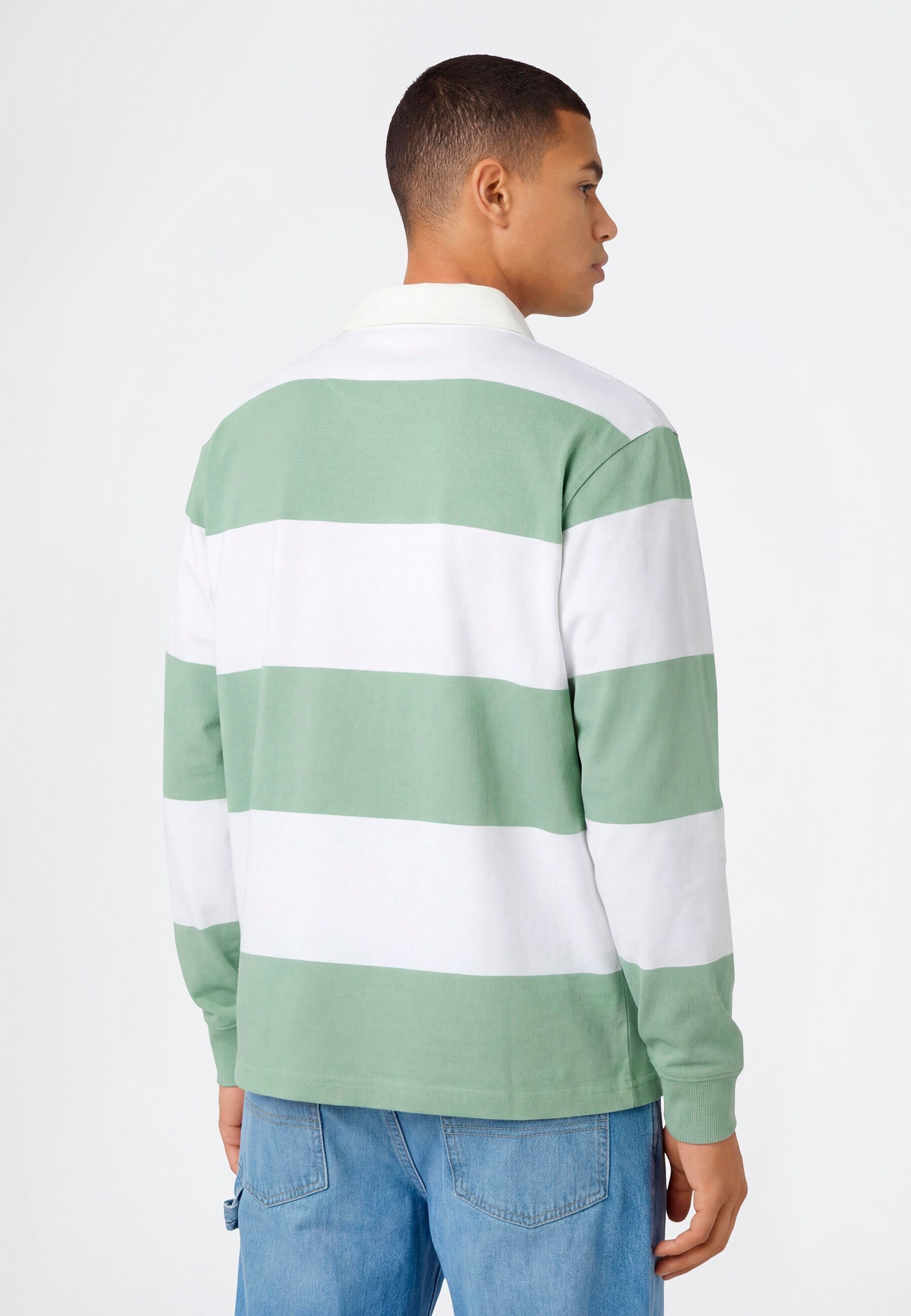 Langarm-Poloshirt CHAMPION "COLLEGE Striped Heavy Jersey Polo", Herren, Gr. L, grün (ige, wht), Obermaterial: 100% Baumwolle, normal, Rundhals, Shirts Langarm-Poloshirt, Langarm-Design, mit Knopfleiste, gerader Abschluss