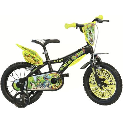 Kinderfahrrad DINO BIKES "Dinosaurier T-Rex" Gr. 30, schwarz, Fahrräder, Kinder, 30cm, 16 Zoll (40,64cm), mit Stützrädern, Frontschild und coolen Schutzblechen