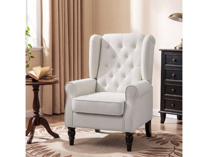 HOMCOM Fauteuil de Salon, Fauteuil d'Appoint Mi-Siècle Moderne en Flanelle Neige avec Haut Dossier Capitonné à Oreilles, Crème