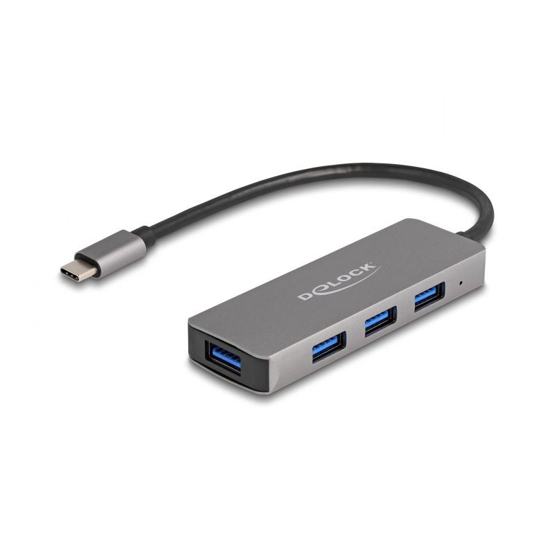 DeLOCK USB 3.2 Gen 1 USB-HUB 4x Typ A Buchse seitlich USB-C Stecker grau