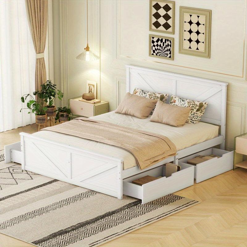 Doppelbett aus Holz, 160x200 cm, weiß, mit vier Schubladen und Lattenrost