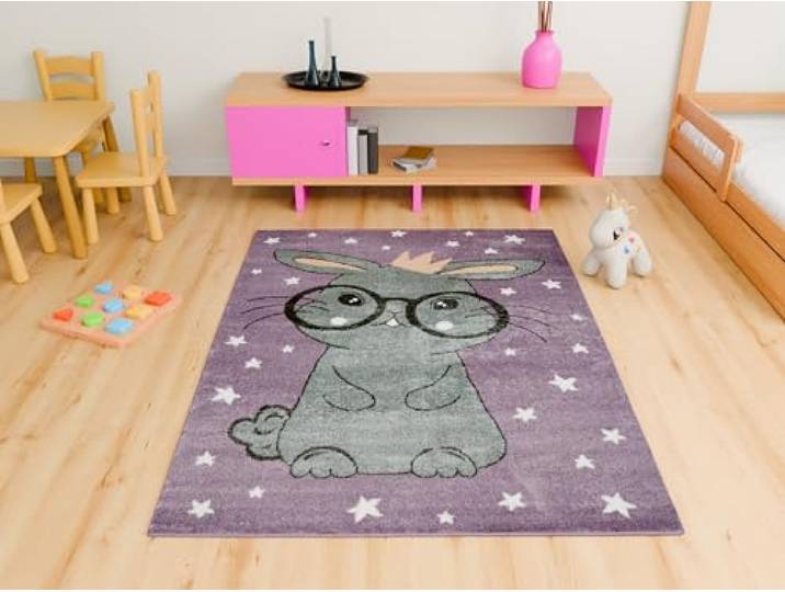 AKCILA Lima Kinderteppich Lila Grau mit Hase mit Brille 180x270 cm Wunderschön Teppich für Kinderzimmer, niedliches Tiermotiv, Kinderteppich für das Kinderzimmer mit Fußbodenheizung