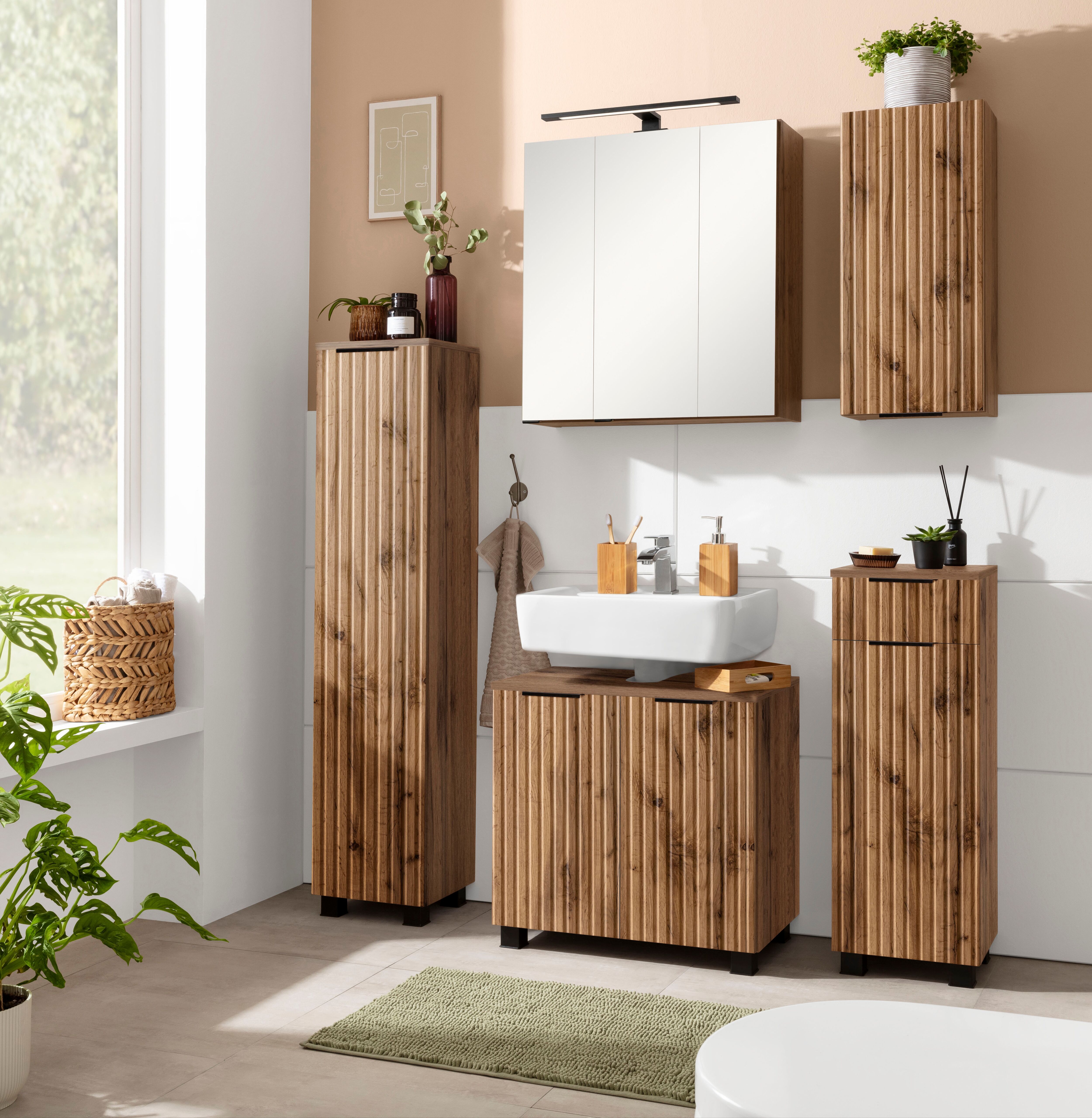 Midischrank WELLTIME "Trento, verschiedene Ausführungen und Farben", braun (mdf wotaneiche rille), B:30cm H:130cm T:27cm, MDF, Schränke, Midischrank, Badmöbel, Breite 30 cm, 1 Tür, Made in Germany mdf wotaneiche rille wotaneiche, B/H/T: 30cm x 130cm x 27c