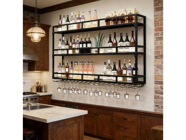 amhricho Weinregal Wand, 3 Ebenen Wand-Weinregale mit Glashalter, Multi funktionaler Weinpareite Display Rack,Weinflaschenhalter Wandmontage, für Zuhause, Bar, Küche, Restaurant (BLACK, 120*25*90cm)