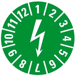 König Werbeanlagen Dreifke® Aufkleber I Prüfplakette mit Blitzpfeil, grün, Dokumentenfolie, selbstklebend, Ø15mm, 60/Bogen