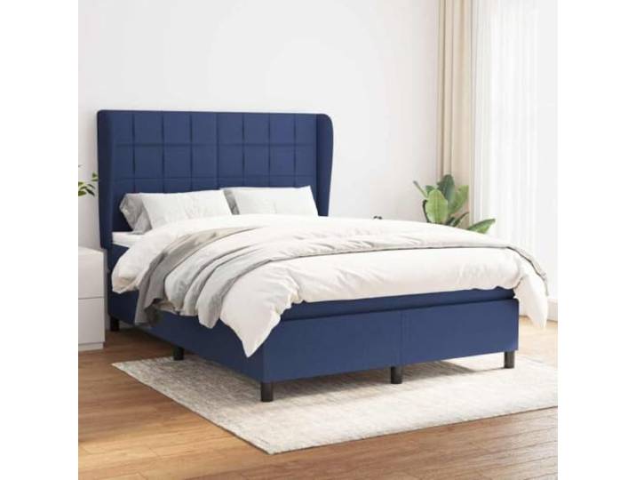 Boxspringbett Blau mit Matratze 140 x 190 cm aus Kopfteil mit Quadraten Bezug aus 100% Polyester, höhenverstellbares Kopfteil mit Ohren, Taschenfederkernmatratze 140 x 190 cm, inkl. Topper