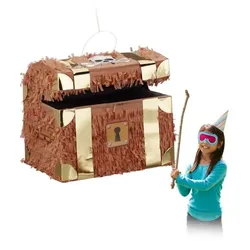 Relaxdays 4 x Pinata Schatzkiste Weiß,Braun,Gold