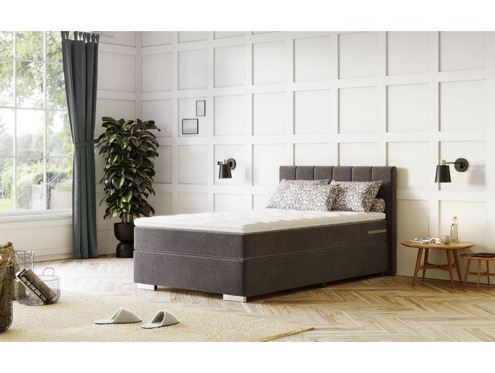 Boxspringbett, Polyester, Grau, 120×200 cm, 5-Zonen-Taschenfederkern, Cotta Simba