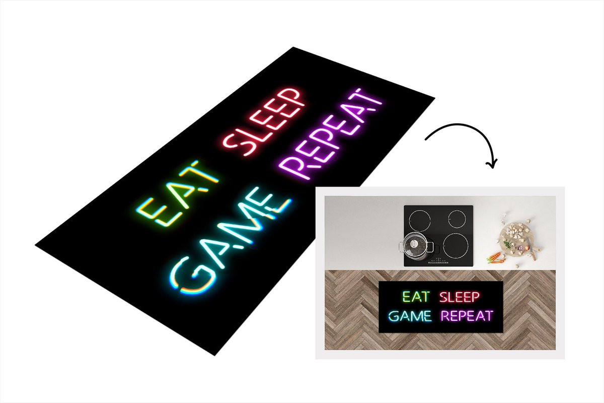 Keukenloper Vinyl Gaming Neon Eat Sleep Game Repeat - 120 x 50 cm