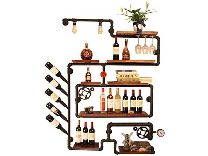 SENNIAN Weinregal Wandmontiertes Weinglasregal aus Metall Rohr Hängender Flaschenhalter Schwebendes Regal aus Holz Industrielles antikes dekoratives Präsentationsregal mit Lampe für Weinke
