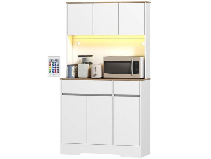 LIA Buffet cuisine meuble cuisine rangement haut avec lumière LED RGB plan de travail blanc 6 portes 2 tiroirs