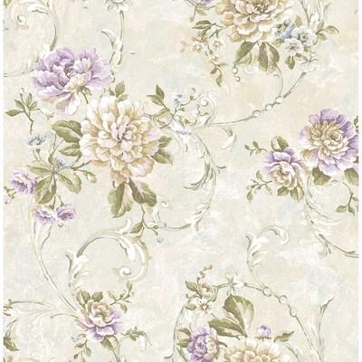 Seabrook Designs Maeve Floral Scroll Unpasted Wallpaper