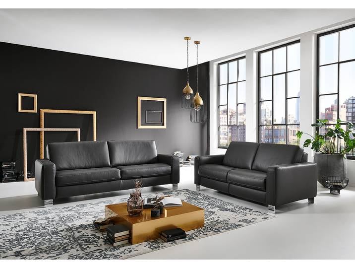 Polstergarnitur SC Vital 3-2,5 Schwarz Echtleder Viera 214 x 85 x 95cm Keine Funktion Keine Funktion Modern