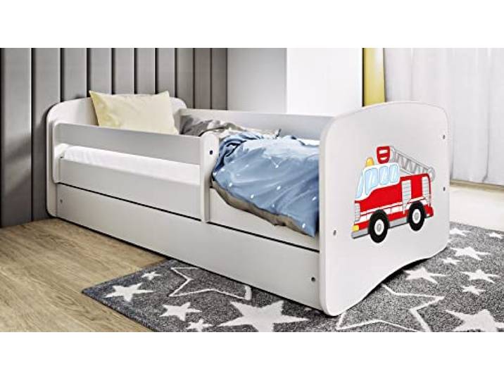 Kids Collective Kinderbett 80x160 cm mit Matratze, Rausfallschutz, Lattenrost & Schublade in weiß 80x160 Jungen Bett Feuerwehr von 3. bis 10. Lebensjahr