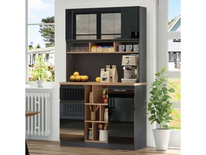Ropilly Kücheninsel Küchenwagen mit klappbarer Arbeitsplatte Sideboard Aufbewahrungsschrank mit Weinregal Handtuchhalter Schublade Rollen MDF 104x45x89cm