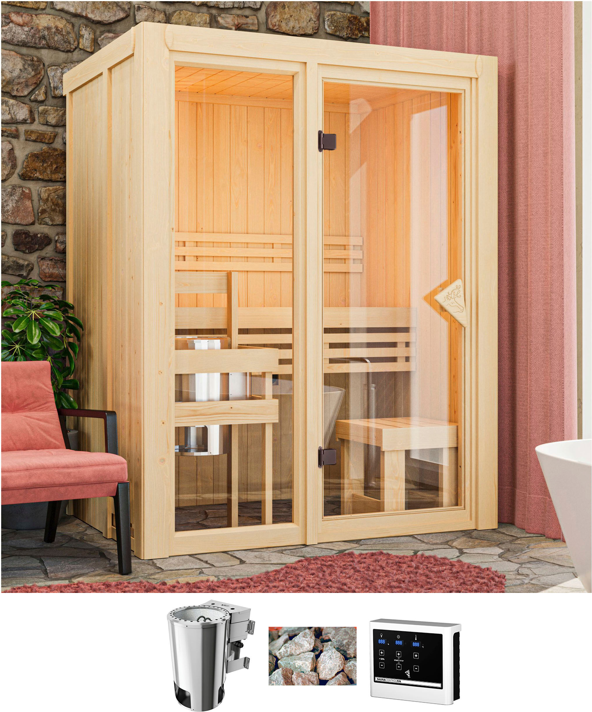 Sauna KARIBU "Alani 1", beige (natur), Bio-Ofen, externe Steuerung, 3,6 kW, Saunen, Ofen 3,6 kW Bio-Ofen externe Strg. easy