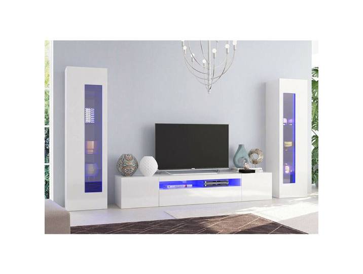 Dmora Meuble Mural Enzo Ensemble de salon meuble TV Meuble de salon polyvalent 100% Made in Italy cm 290x40h162 Blanc brillant