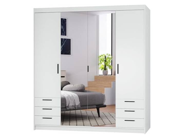 AXLIVING Weiß Kleiderschrank mit Spiegel Storicos 4D6S 176,3cm Groß Rechte Türen: Vier Fächer. Laminierte Platten. Sicherheit: Anbringung erforderlich (nicht für Gipswände geeignet).