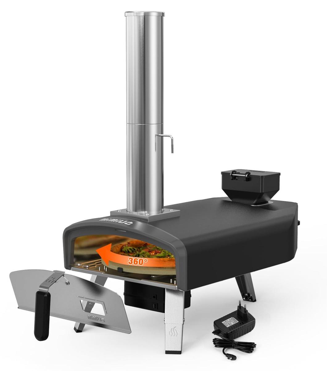 Pizzaofen - Holzpellets - 33 cm Pizzastein - Automatische Rotation - Schwarz