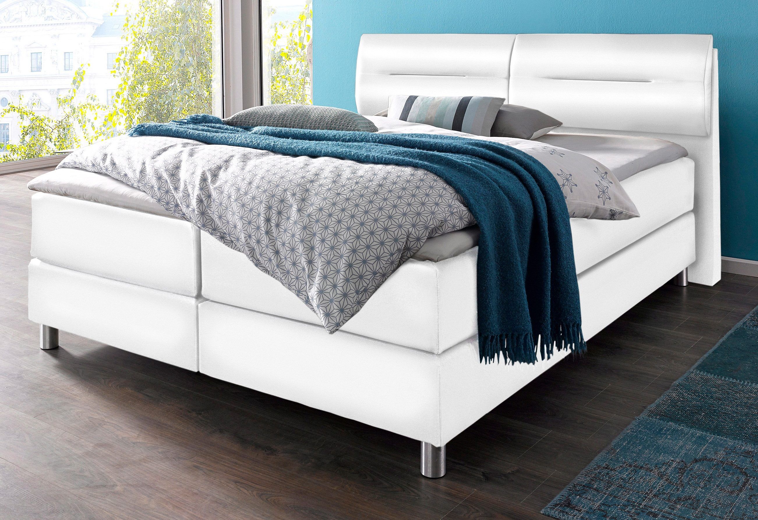 Boxspringbett MAINTAL, weiss (weiß), Kunstleder, Liegefläche B/L: 180cm x 200cm, H3, Bonnell-Federkernmatratze, Bezug bei beige, anthrazit und hellgrau: pflegeleichter Strukturstoff (100% Polyester);Bezug bei weiss und schwarz: Kunstleder (100% Polyuretha